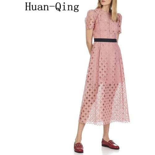 2018 Summer Runway Sweet Pink White Hollow Out Princess Lace Dress Women Short Sleeve Flower Embroidery Party Long Dress Vestido