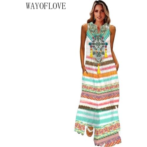 WAYOFLOVE Fashion Stripe Print Women Dress 2021 Beach Casual Oversize Long Dresses Summer Woman Sleeveless Girl Maxi Dress Women