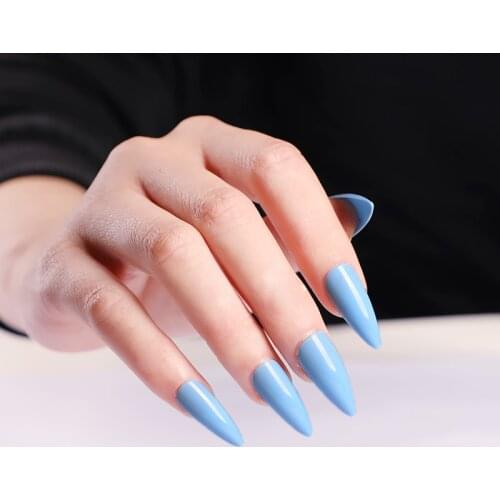 24pcs fashion design candy color long pointed fake nails sexy blue J1921