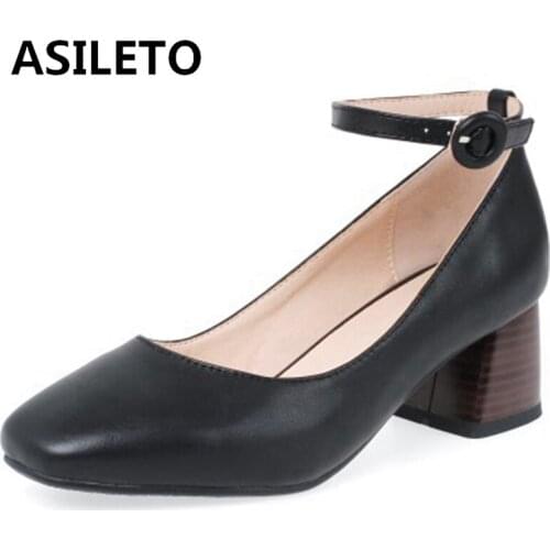 ASILETO Concise Female Spring Autumn Pumps Square Toe 5.5cm Square Heels Ankle buckle Large size 31-43 Black Leisure Date S1853