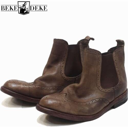 Winter Men Motorcycle Cowhide Genuine Leather Chelsea Boots Vintage Wing Tip Brogue High Top Work Safety Shoes Biker Ankle Boots