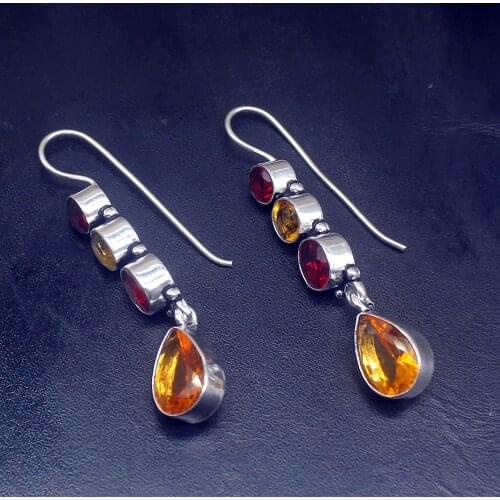 Gemstonefactory Big Promotion Unique 925 Silver Honey Topaz Red Garnet Fashion Women Ladies Gifts Dangle Drop Earrings 20212357
