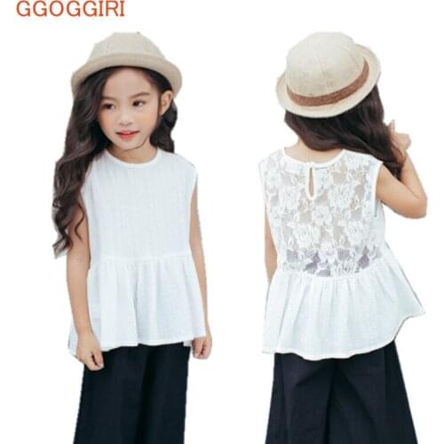 GGOGGIRI Brand Big Chlidren Clothing New Girls Summer Cute Cotton Back Lace Quality Causal Sleeveless O-neck Fashion Blouses