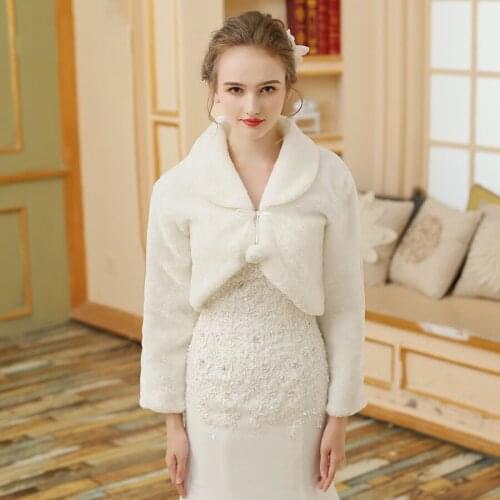 Jiayigong Cheap Ivory Wedding Warm Jacket Long Sleeves Bridal Bolero Wrap Faux Fur Women Coat