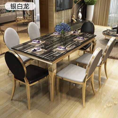 Stainless steel marble dining table set rectangle comedor sillas comedor mesa comedor muebles genuine cow leather chair Nordic