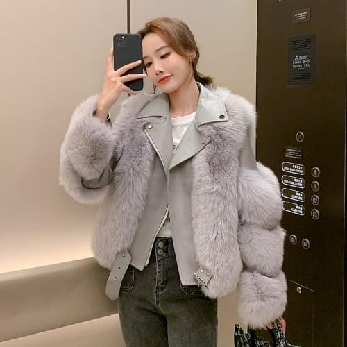 Haining 2020 Womens New Imitation Fox Fur Coat Female Motorcycle Clothing Fashion Korean Zipper Imitation Fur Outwear Women B17