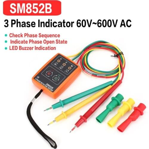 New SM852B 3 Phase Rotation Tester Digital Phase Indicator Detector LED Buzzer Phase Sequence Meter Voltage Tester 60V~600V AC