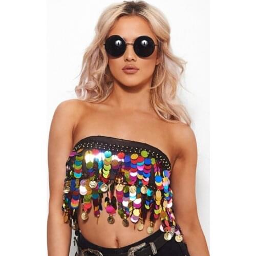 Sexy Summer Beach Rave Festival Outfits Rainbow Beading Short Tanks Tube Top Dance Show Colorful Sequin Tassel Chiffon Crop Top