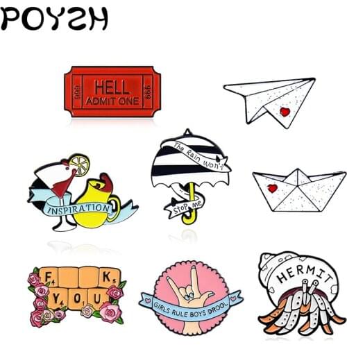Custom Enamel Pin Hermit Crab Game keyboard Paper boat paper plane Fashion Brooch Umbrella wine bottle ticket gesture Punk Badge