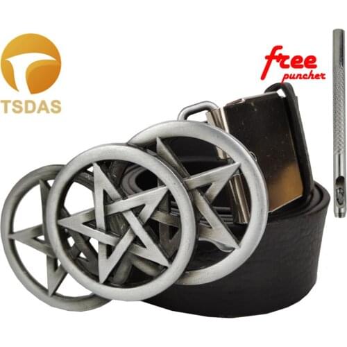 Silver Pentagram 3D Metal Belt Buckle with Leather Belt Brass Belt Buckls for Men Dropshipping 2020