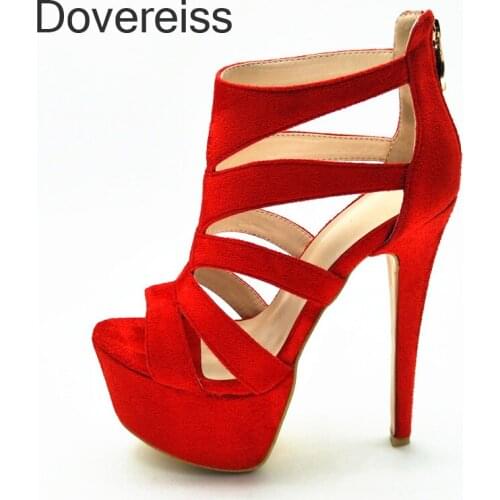 Dovereiss Fashion Womens Shoes Summer Cage Pure Color Red Back Zipper Platform Sexy Narrow Band New Consice Sandals 42 43