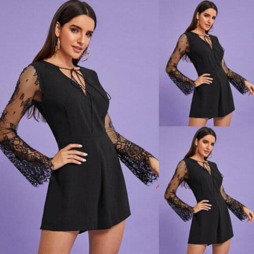 2020 Women Playsuits Vintage OL Jumpsuits Lace Patchwork Long Sleeve Romper Jumpsuit black Lace-up Neck Playsuits