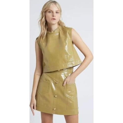 2021 Summer OL Sexy Sleeveless Shirts and Mini Skirts Women Sets Faux Leather