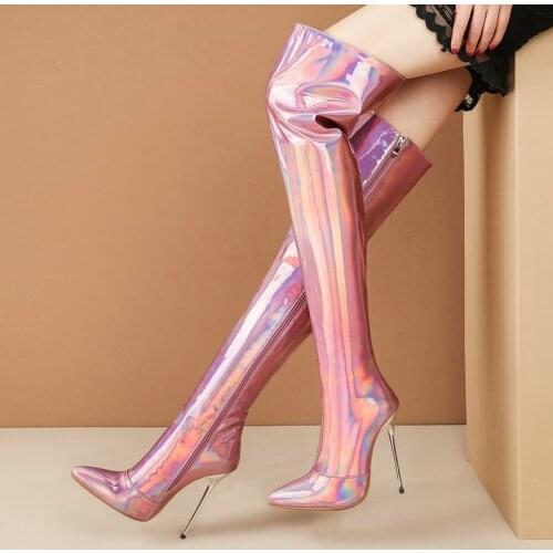 2021 Women Over the Knee Boots Microfiber Sexy Women Thin High Heel Boots Side Zipper Pointed Toe Ladies Thigh Boots Purple Pink