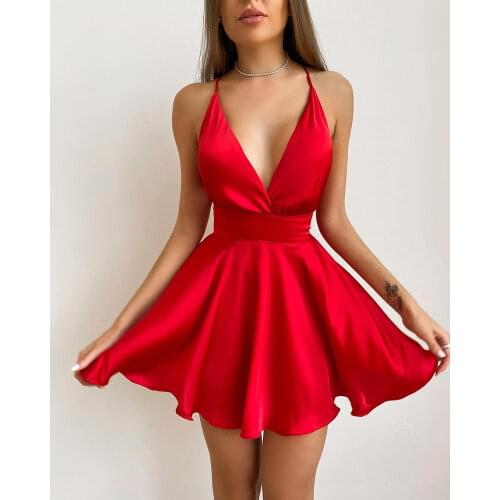 Women Bowknot Tie Waist Mini Satin Sundress 2021 Sexy Femme Plunging Neck Crisscross Strap Robe Lady Outfits Club Clothing