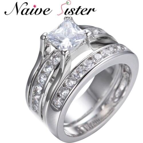 0.8ct Princess Cut Cubic Zirconia Ring Set Fashion Wedding Rings For Women White Gold Color Bague Wholesale Jewelry