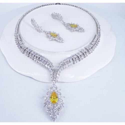 2021 new fashion elegant retro yellow red blue zircon golden necklace earring set,wedding bride banquet dress dinner jewelry set