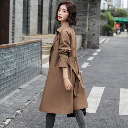 2021 Spring New Khaki Windbreaker Coat Womens Middle Length Over Knee Fashion British Wind Waist Spring Coat