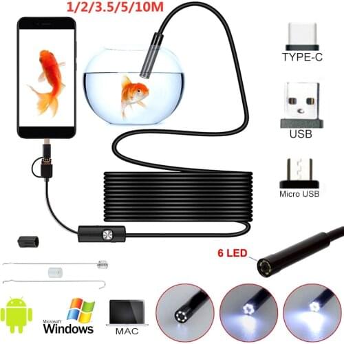 5.5mm USB Endoscope Camera Flexible Endoscope Waterproof Micro USB 6 LED 3 In 1 Endoscopic Inspection Camera For Android Micro