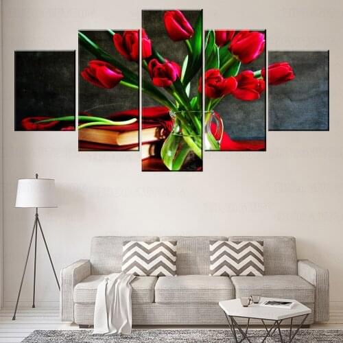 Glass Bottle Flower And Books Red Tulip Painting 5 Piece Style Picture Canvas Print Type Home Decorative Wall Artwork Poster
