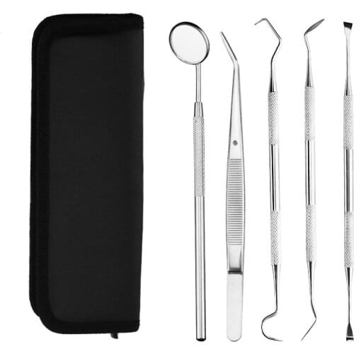 5pc/set Dental Mirror Stainless Steel Dental Dentist Prepared Tool Set Probe Tooth Care Kit Instrument Tweezer Hoe Sickle Scaler