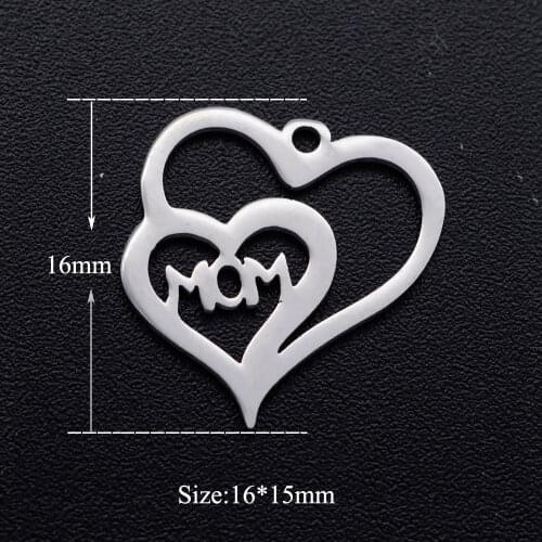 5pcs/lot 100% Stainless Steel Love Mom Heart diy Charms Wholesale Necklace Pendants Charm for Bracelet Making