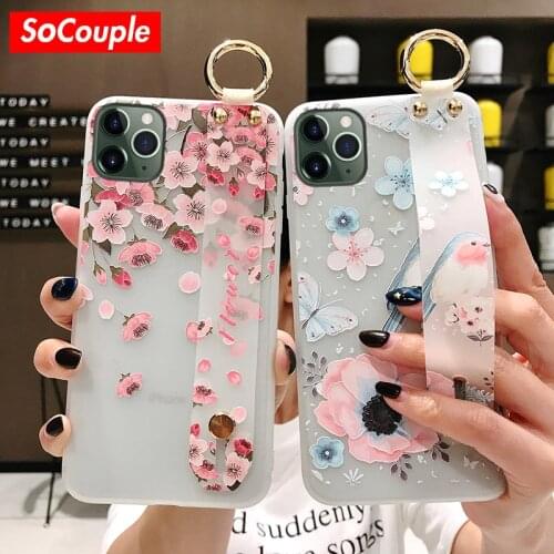 SoCouple Flower Soft TPU Wrist Strap Case For iphone 7 8 plus 11 12 Pro Max X Xs max XR se Relief Floral Phone Holder Case