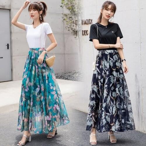 TingYiLi Long Skirt Boho Beach Skirt Floral Print Chiffon Women Skirt