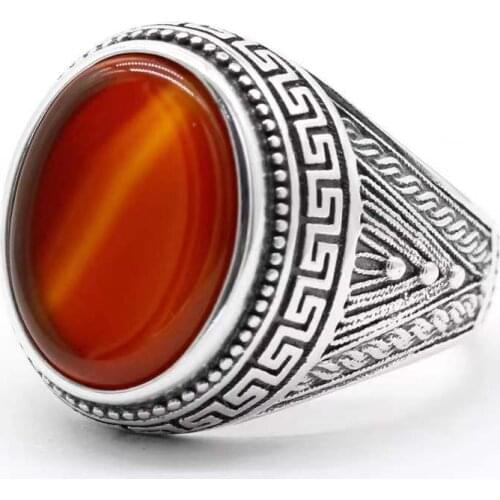 Natural Red Agate Stone Ring for Men 925 Sterling Silver Vintage Totem Gemstone Male Rings Turkish Handmade Jewelry Gift