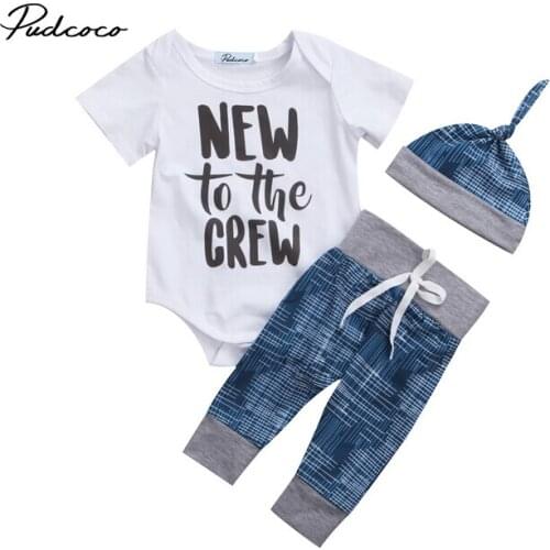 Short Sleeve Newborn Baby Boy 3pcs Clothes Letters Print Jumpsuit Rompers Pants Hat Outfit Set Summer Kids Boy Clothing