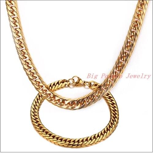 New Fashion 316L Stainless Steel Gold Mens Womens Jewelry Sets Curb Cuban Link Necklace 23.6"&Bracelet 8.26" Top Sale