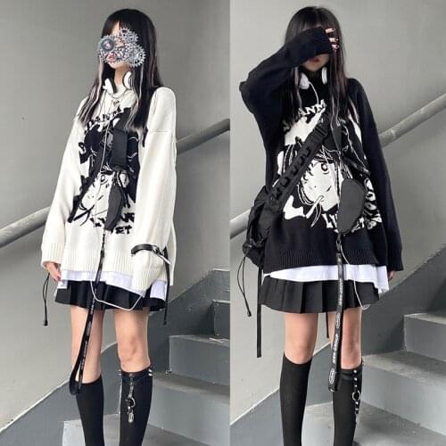Second element Anime sweater cosplay costumes Dark personality sweater Student wild Loose coat Fashion black withe Couple suits