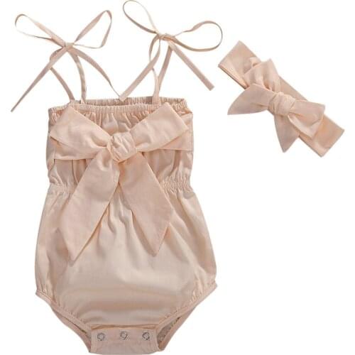 0-24M Summer Newborn Infant Baby Girls Clothes Bodysuits Solid Sleeveless Big Bowknot Romper Outfits Headband