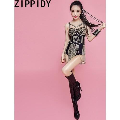 Fashion Shining Bodysuit Girdle 2-piece Set Womens Sexy Costumes Rhinestones Tassel Stage Dance Singer Sparkly Outfit