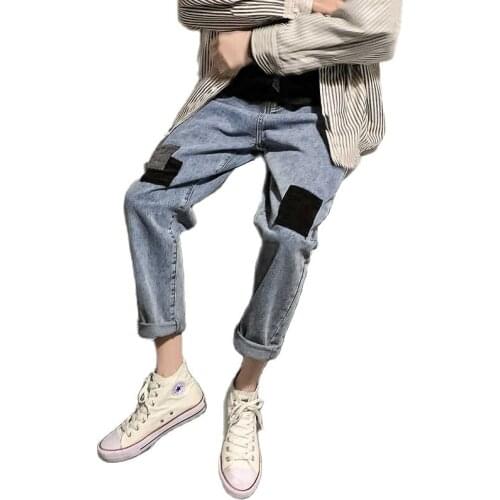 Men Jeans Ankle-length Oversize 3XL Loose Straight Solid Simple Leisure All-match Korean-style Trendy Washed Denim Trousers Male
