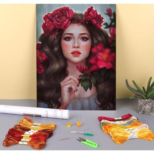 Cartoon Girl Woman Printed Water-Soluble Canvas 11CT Cross-Stitch Embroidery Kit DMC Threads Painting Needlework Mulina