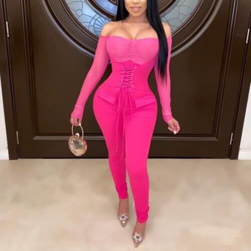 Sexy Skinny Mesh See-through Jumpsuit Off-shoulder Lace Up Women Playsuit Rompers Trousers Three Colors Party Club Lady Clothing