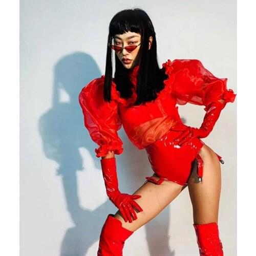 Mesh Puff Sleeve Tops Pu Leather Shorts Stage Costume Singer Dancer Performance Wear Nightclub DJ Dancer Clothes Set VDB3950