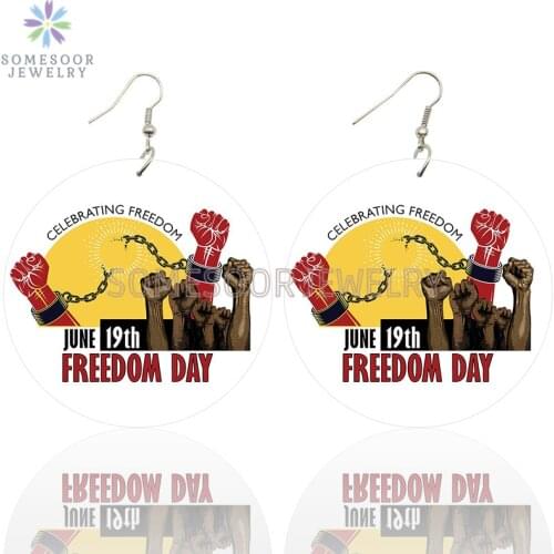 SOMESOOR June 19th Black Freedom Day African Wooden Drop Earrings Celebrate Independent Printed Loops Dangle For Women Gifts
