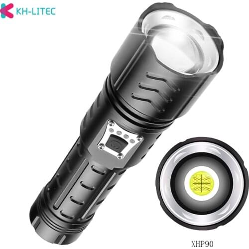 Super Powerful XHP90 LED Flashlight Zoomable Tactical Torch USB Rechargeable Flashlight Use 18650 Battey Lantern For Camping Hun