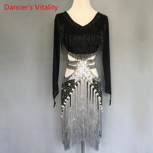 Women/GirlsLatin Dance Costumes Custom Diamond Beaded Tassel Dress Adult Child Latin Dance Stage Performance Clothing
