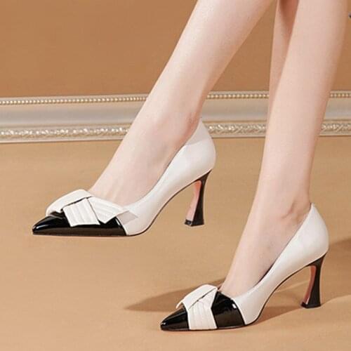 Super High Heels Patchwork Pumps Women Dress Shoes Buterfly Knot Mixed Color Pointed Toe Boat Shoes Square Heeled 2020 New
