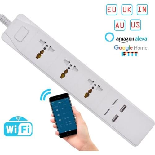 WIFI Smart power strip Universal works with alexa googlehome multi plug four takes 3 AC Socket 2 USB voice contro UK/EU/US/AU