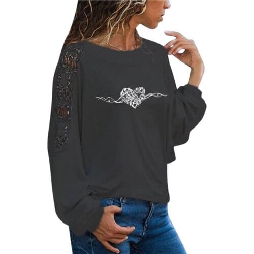 Heart Shaped T Shirt Women Long Sleeve O-Neck T-shirt Woman Clothing Tops Girl Casual Loose Lace Top Tees