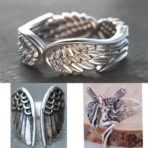 Vintage Silver Plated Angel Wings Ring for Womens Gothic Steampunk Party Anniversary Ring Adult Womens Jewelry