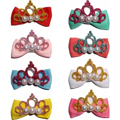 10PCS 5CM Chic Sequin Grosgrain Hair Bows With Pearls For Hair Clips Glitter Crown Hair Bow For Hairpins Headwear For Women
