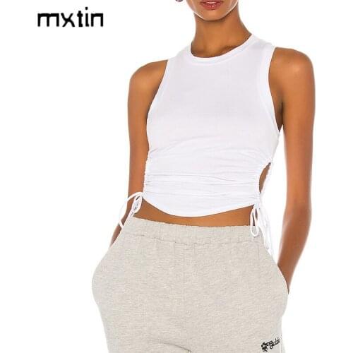 2021 Summer Vintage White T Shirt Women Casual Tops Tees Drawstring Sleeveless O-neck Female Harajuku Ladies Womens clothing