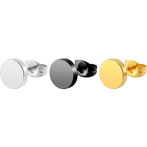 AsJerlya Stainless Steel Ear Studs Earrings Black Silver Color Round Shaped Clasp Push Back Earrings for Women Men Jewelry Cool