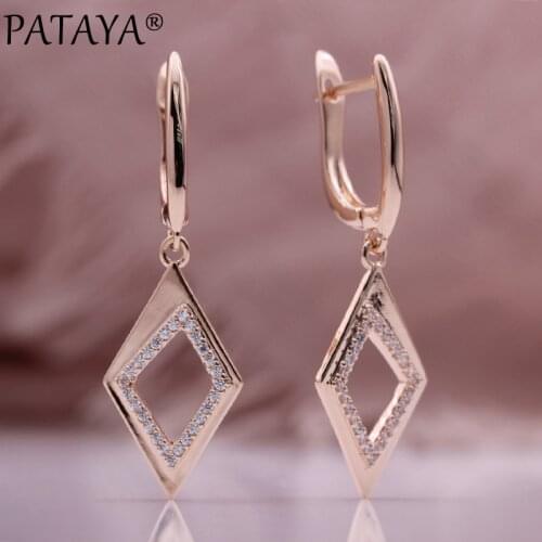 PATAYA New 585 Rose Gold Long Hollow Earrings Natural Zircon Creative Party Fashion Jewelry Irregular Square Women Drop Earrings