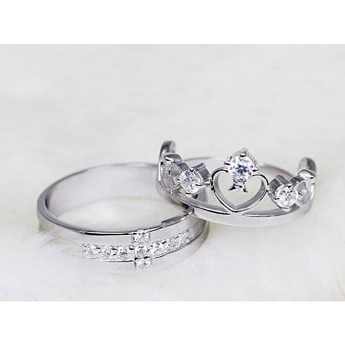 1 Pair =2pcs Silver Plated Ring Jewelry Engagement Love Crown Cross Zircon Wedding Lovers Couple Rings for Women Men